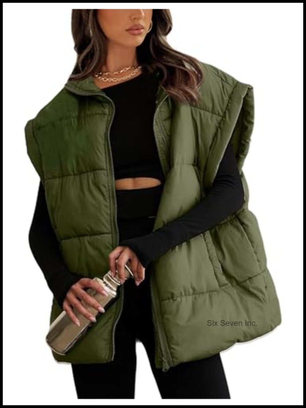 Women's Oversized Quilted Puffer Vest Zip Up Stand Collar Sleeveless Winter